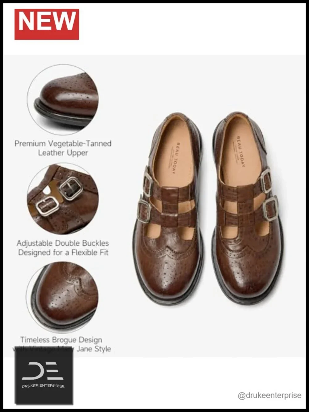 Women's Leather T-Strap Mary Jane Oxford Brogue Flats